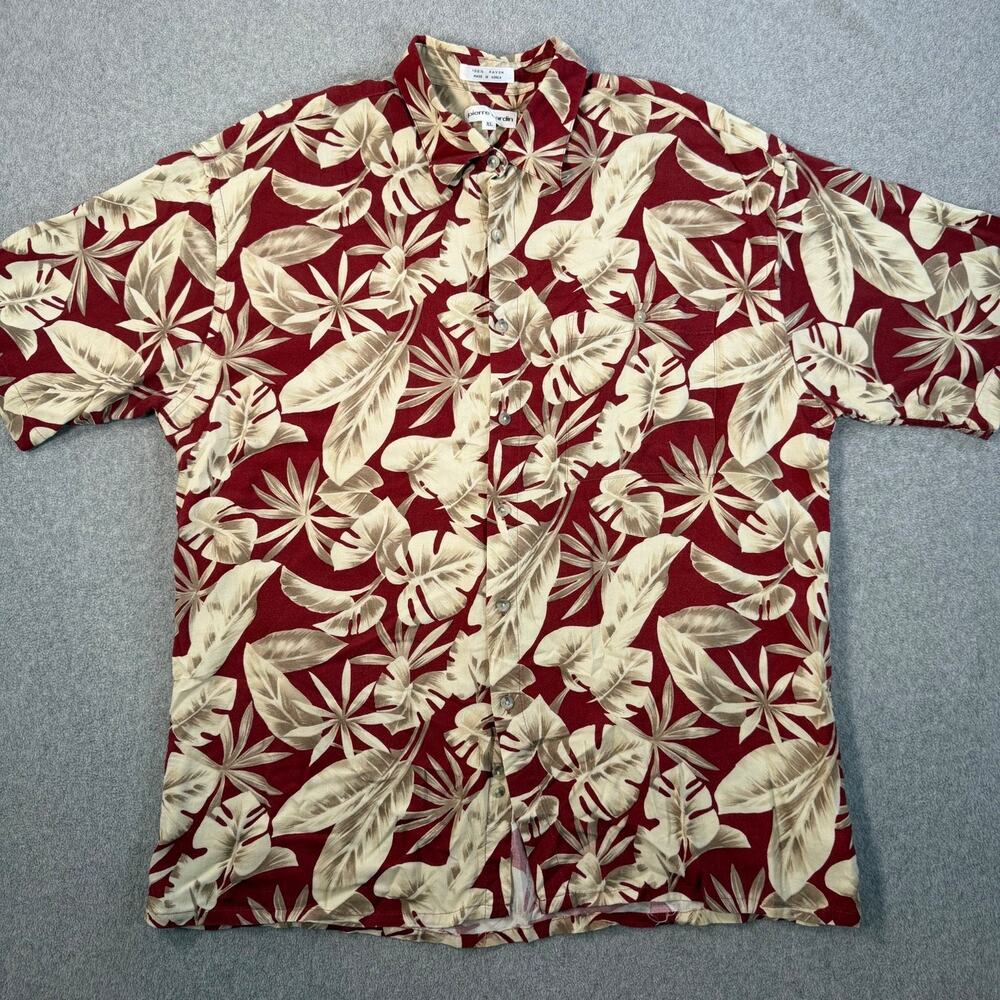 Pierre Cardin Men's XL Hawaiian Shirt Maroon/Tan Tropical Made in Korea Rayon
